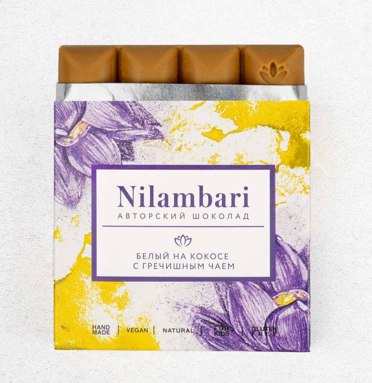 Белый шоколад Nilambari на кокосе с гречишным чаем