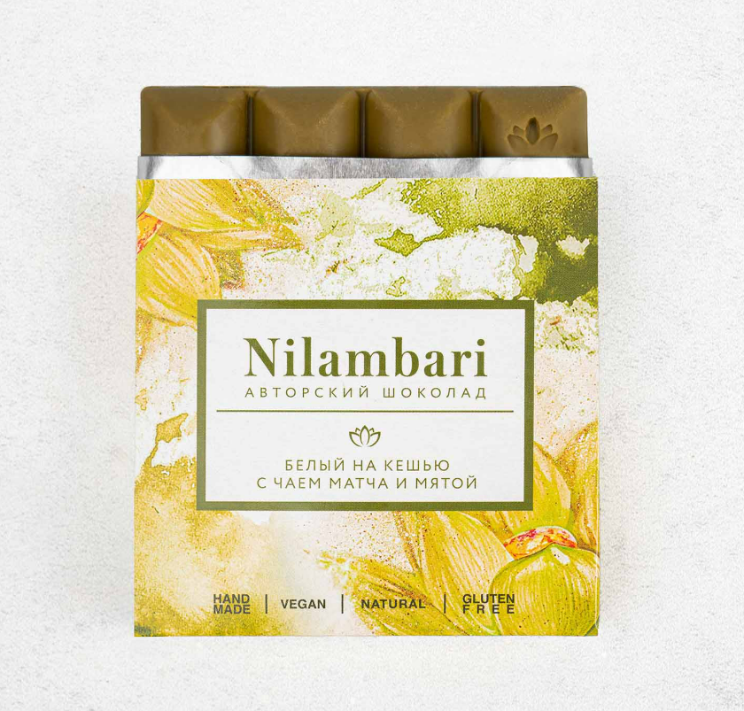 Белый шоколад Nilambari на кешью с чаем матча и мятой