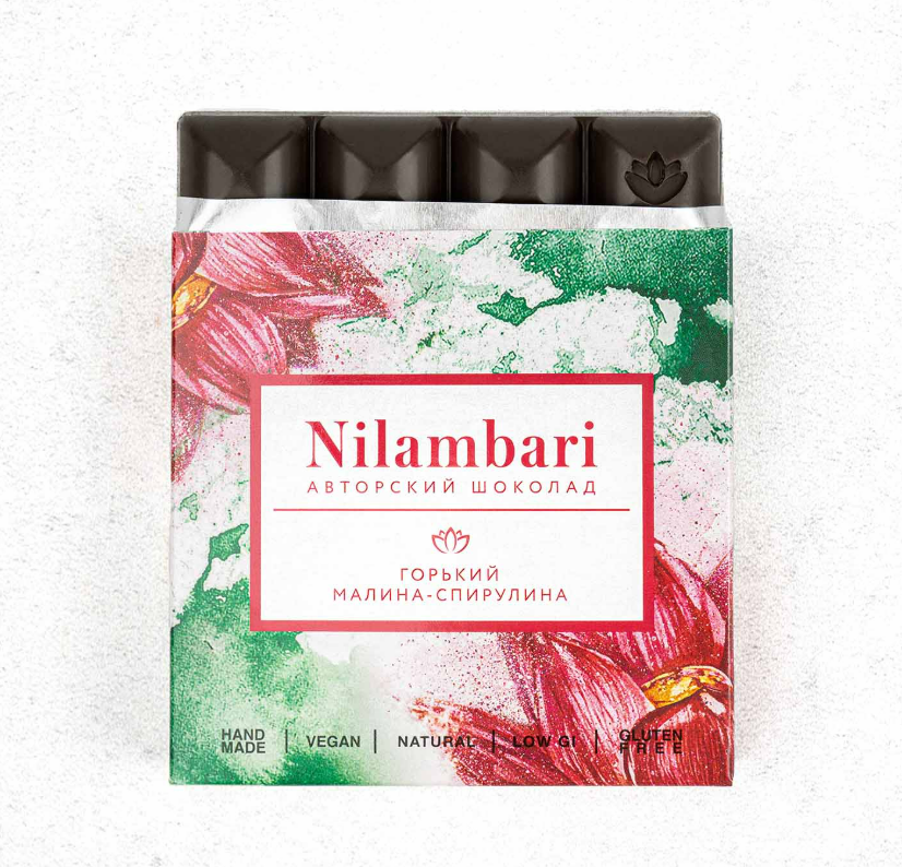 Горький шоколад Nilambari «Малина-спирулина» 56%