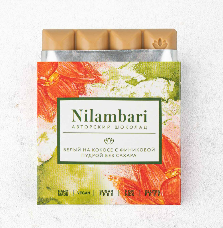 Шоколад белый на кокосе с финиковой пудрой без сахара Nilambari